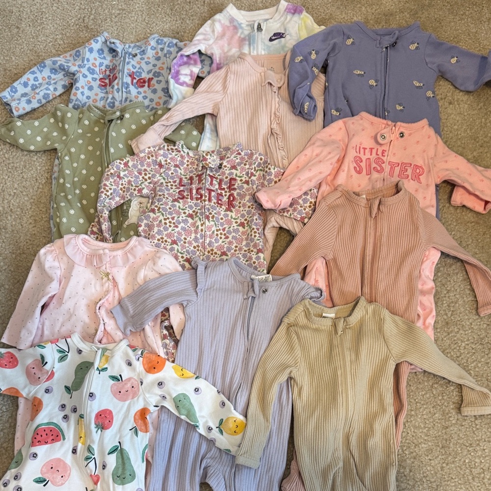 Bundle of 0-3 + 3 month baby girl zip up sleeper footie pajamas